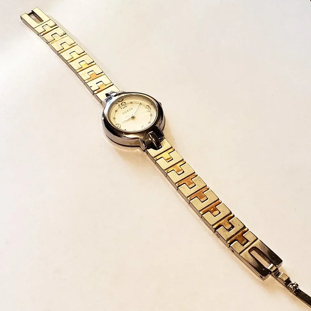 GUESS Two Tone Quartz Gold Silver Band White Face Easy to Read Ladies Watch